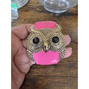 Pink and Gold Owl Hinged Cuff Bracelet with Black Gem Eyes
